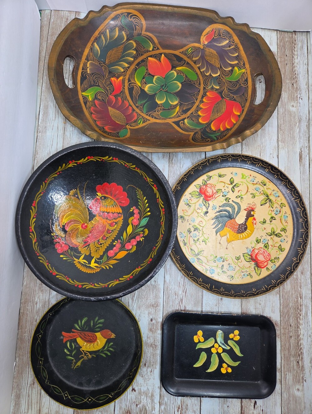 🐓 VINTAGE Hand Painted Wooden Trays & Bowls Lot of 5 | Folk Art Rooster Bird